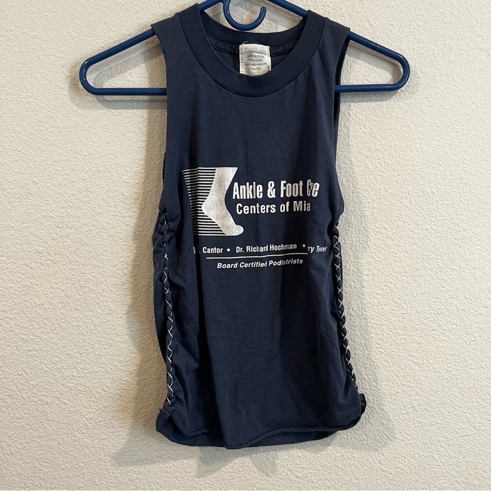 Eve*Lynn blue foot care center 100% cotton tank top racer back unique side
